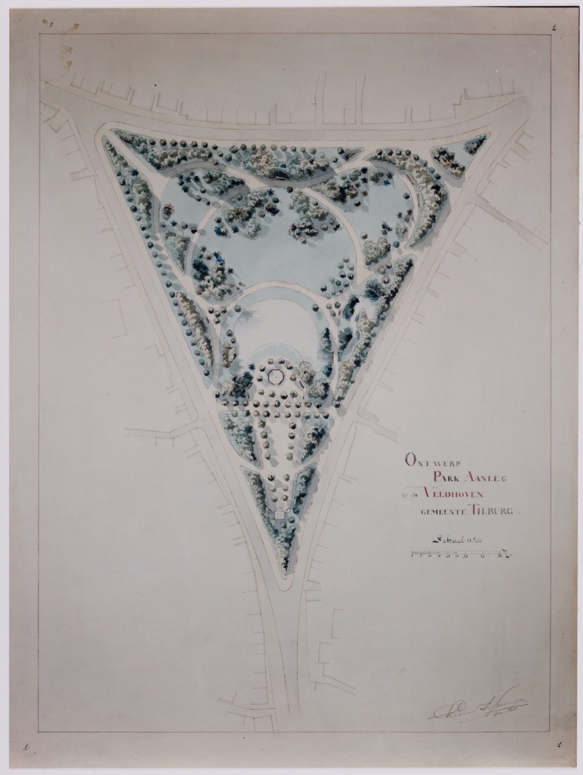 Plan van tuinarchitect Springer voor de beplanting Wilhelminapark