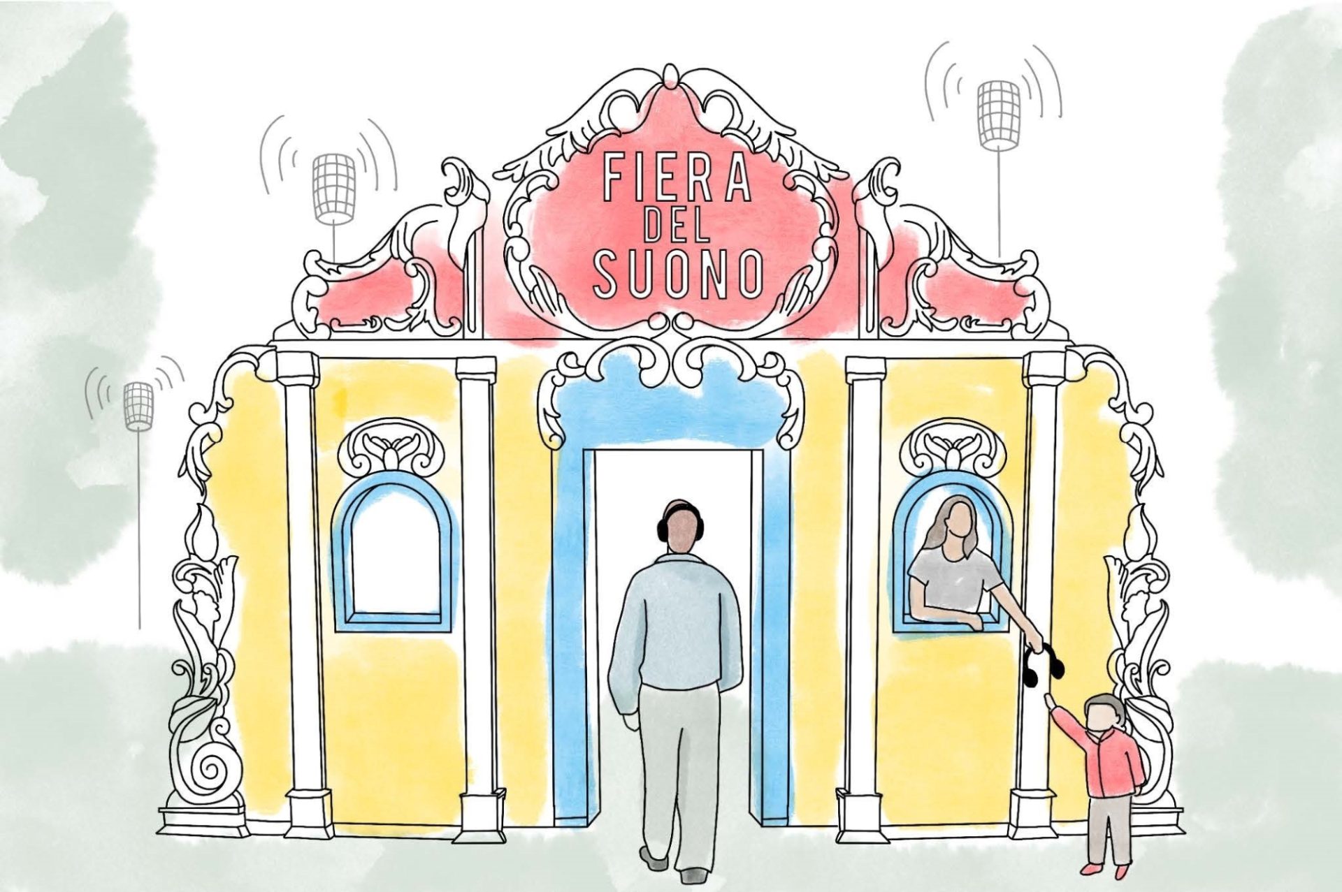 Impressie entreepoort waar bezoekers een headset krijgen uitgereikt net buiten Stadsbalkon